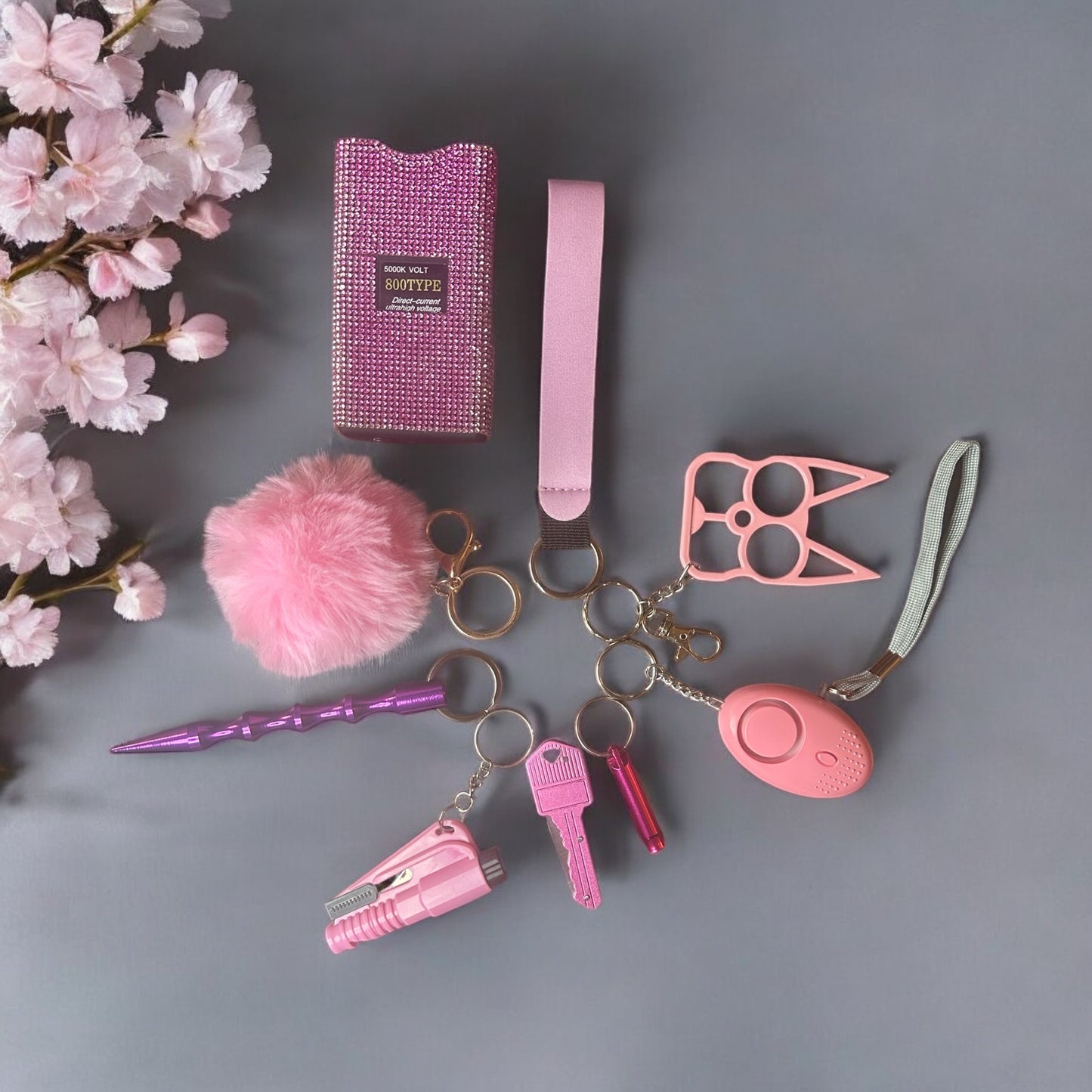 9 Pieces Pink Safety Keychain with Diamond TZ