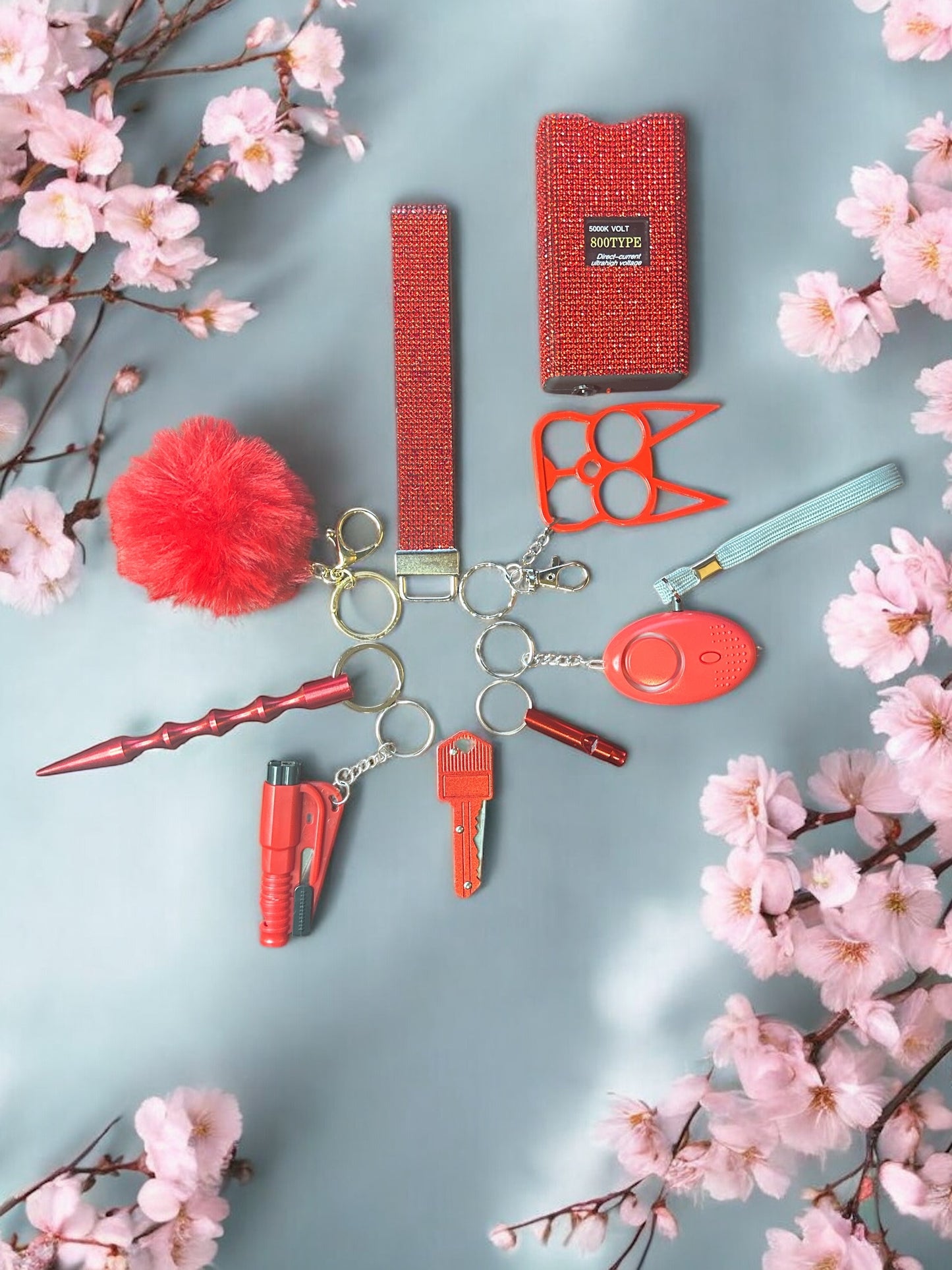 9 pieces diamond red safety keychain with TZ