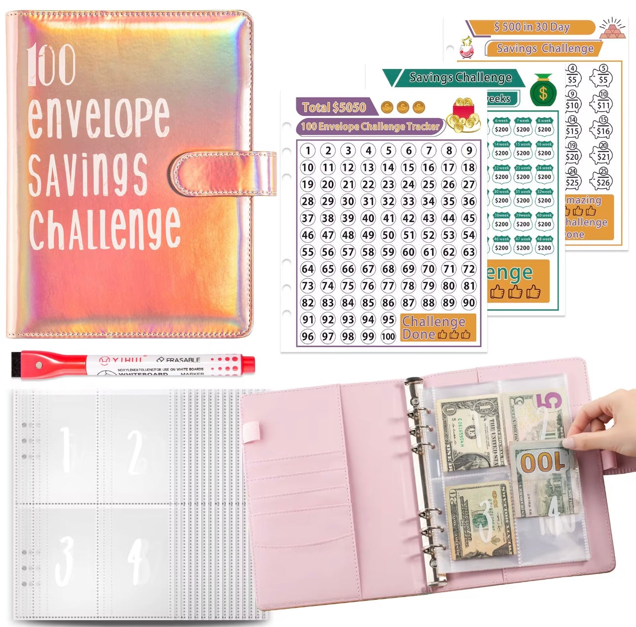 100 Envelops Savings Challenge Blue Rose Gold