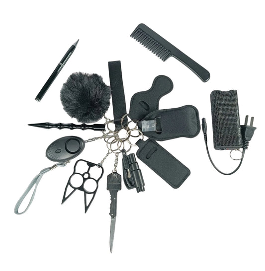 Combo safety keychain plus electrocution device, razor comb, razor pen