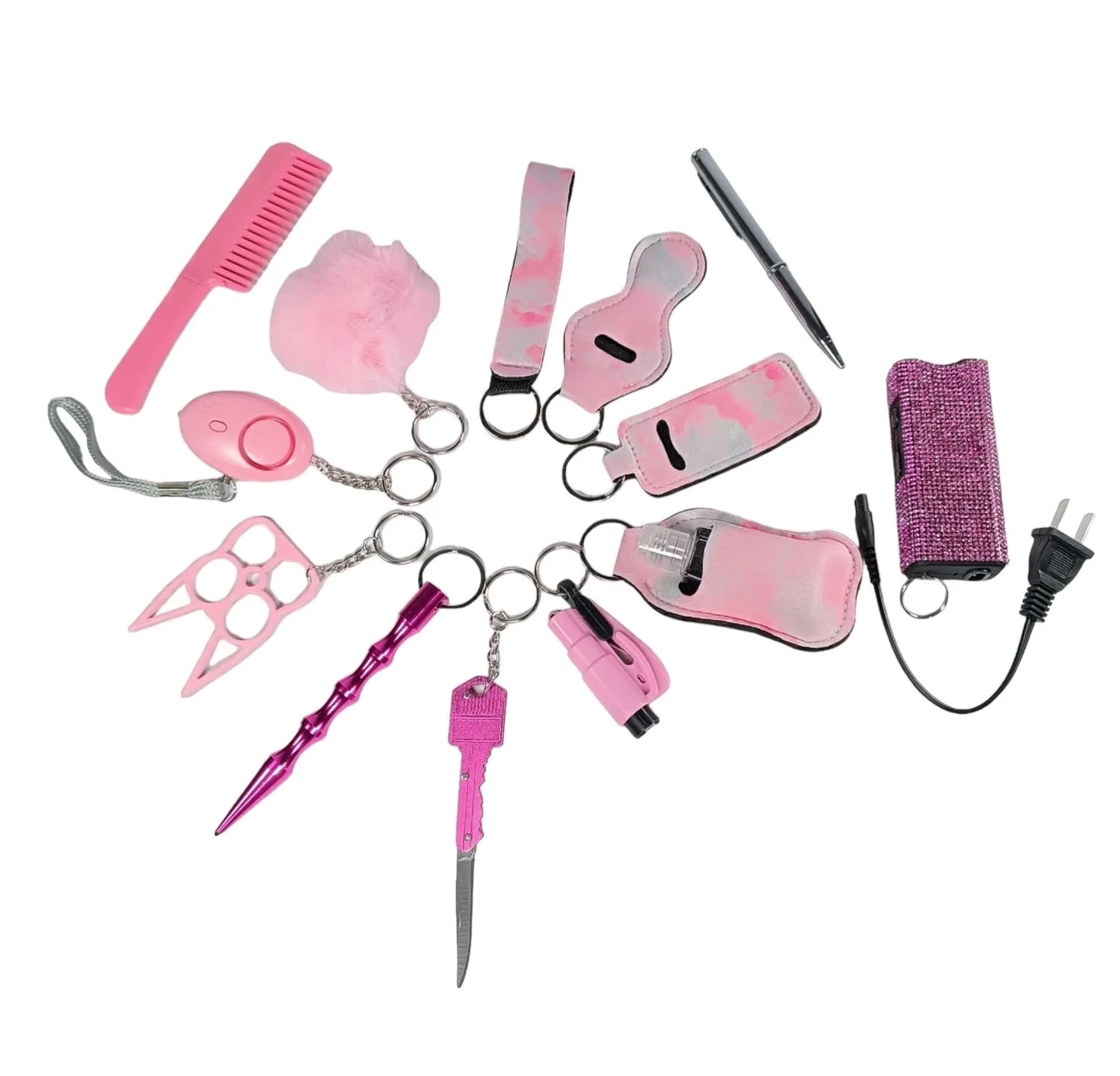 Combo safety keychain plus electrocution device, razor comb, razor pen