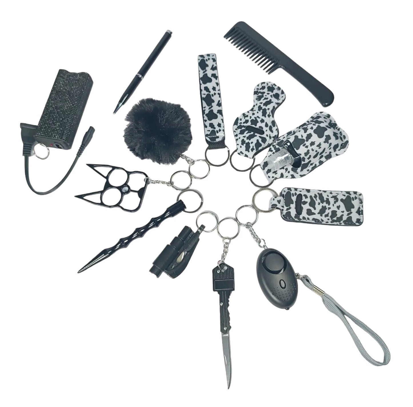 Combo safety keychain plus electrocution device, razor comb, razor pen