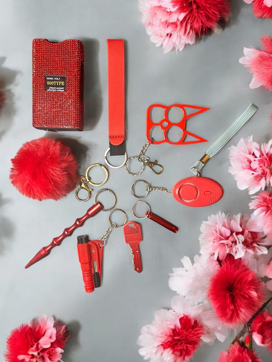 9 Pieces Red Safety Keychain with Diamond TZ