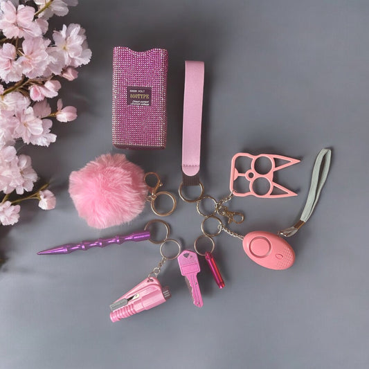 9 Pieces Pink Safety Keychain with Diamond TZ