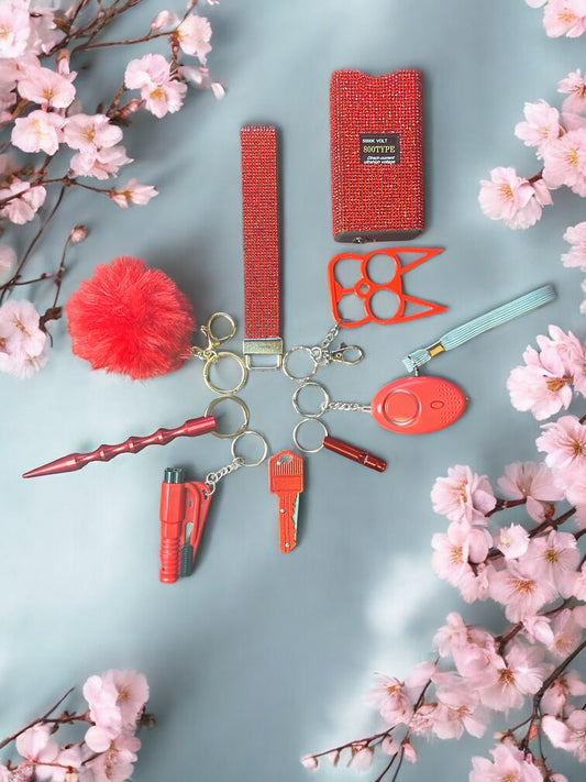 9 pieces diamond red safety keychain with TZ
